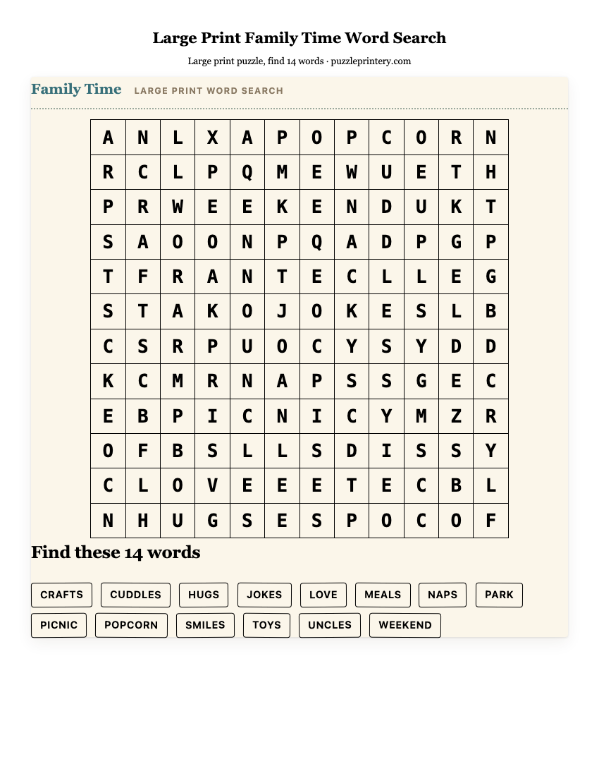 Large Print Family Time Word Search printable preview