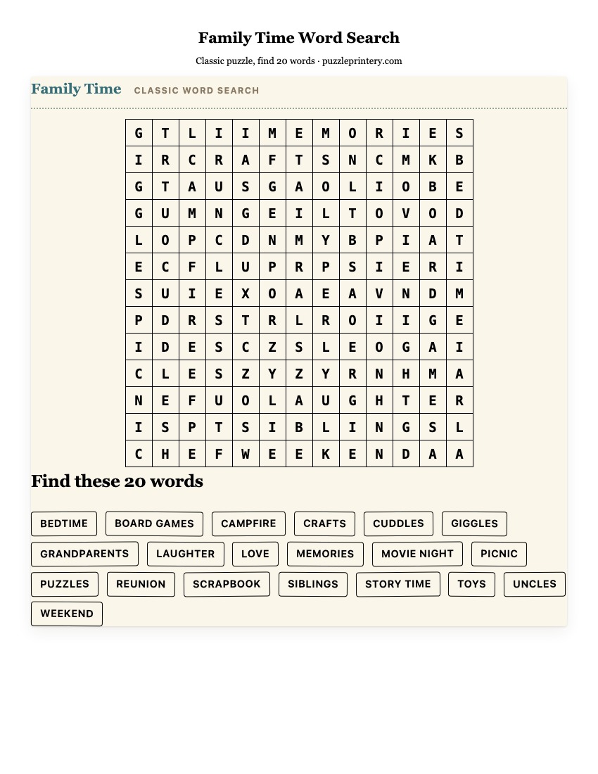 Family Time Word Search printable preview