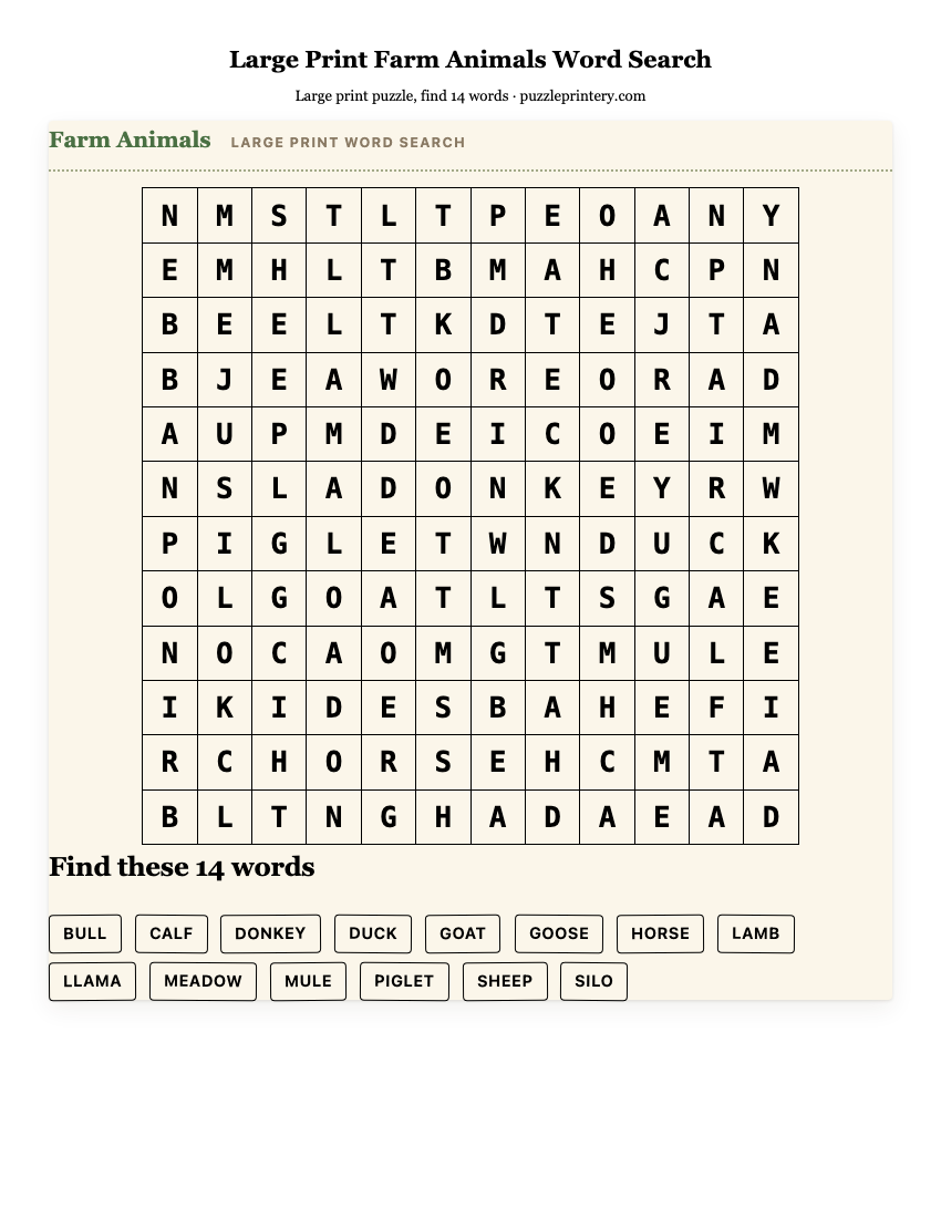 Large Print Farm Animals Word Search printable preview