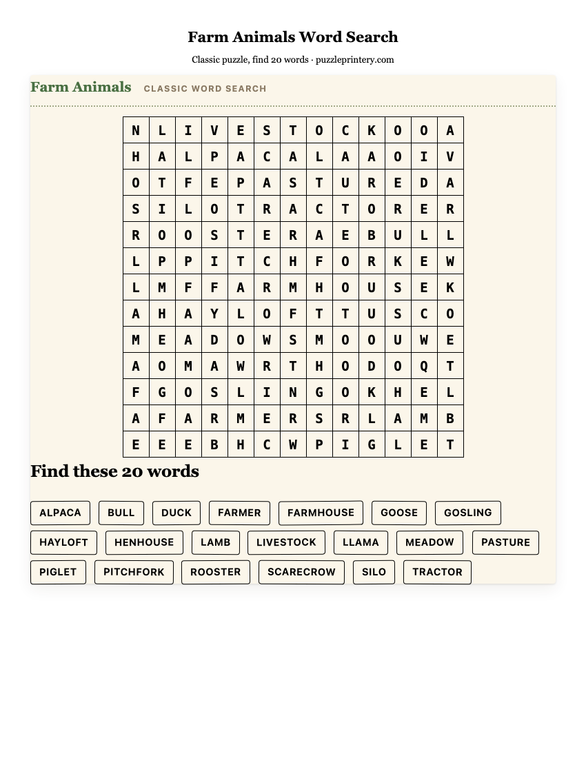 Farm Animals Word Search printable preview