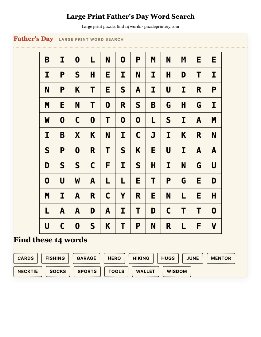 Large Print Father's Day Word Search printable preview