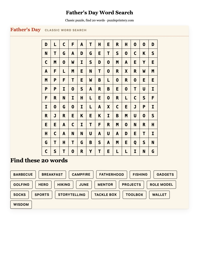 Father's Day Word Search printable preview