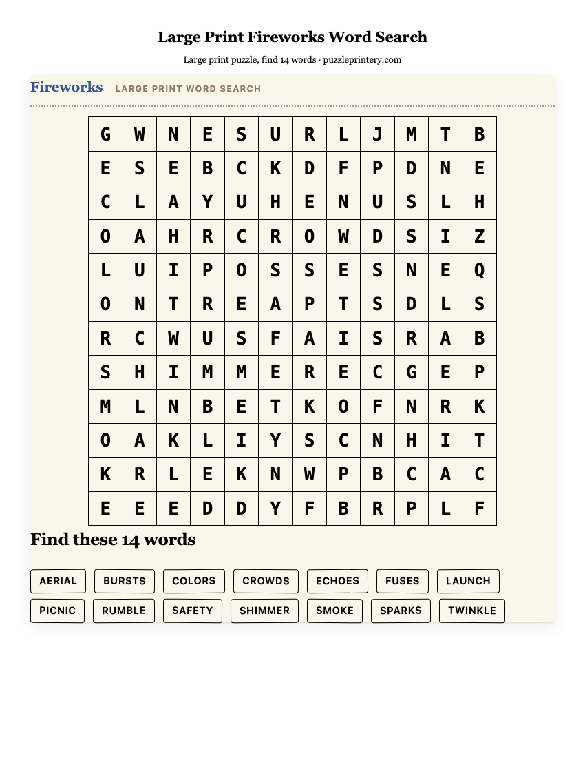 Large Print Fireworks Word Search printable preview