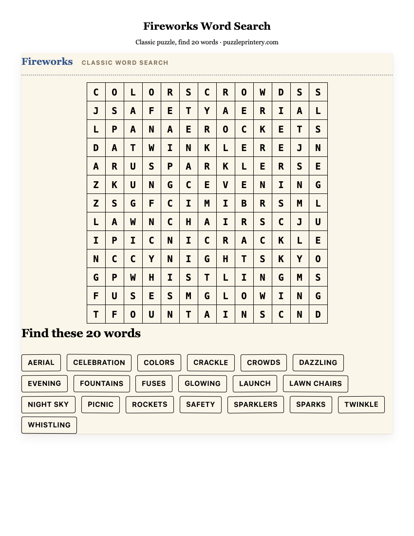 Fireworks Word Search printable preview