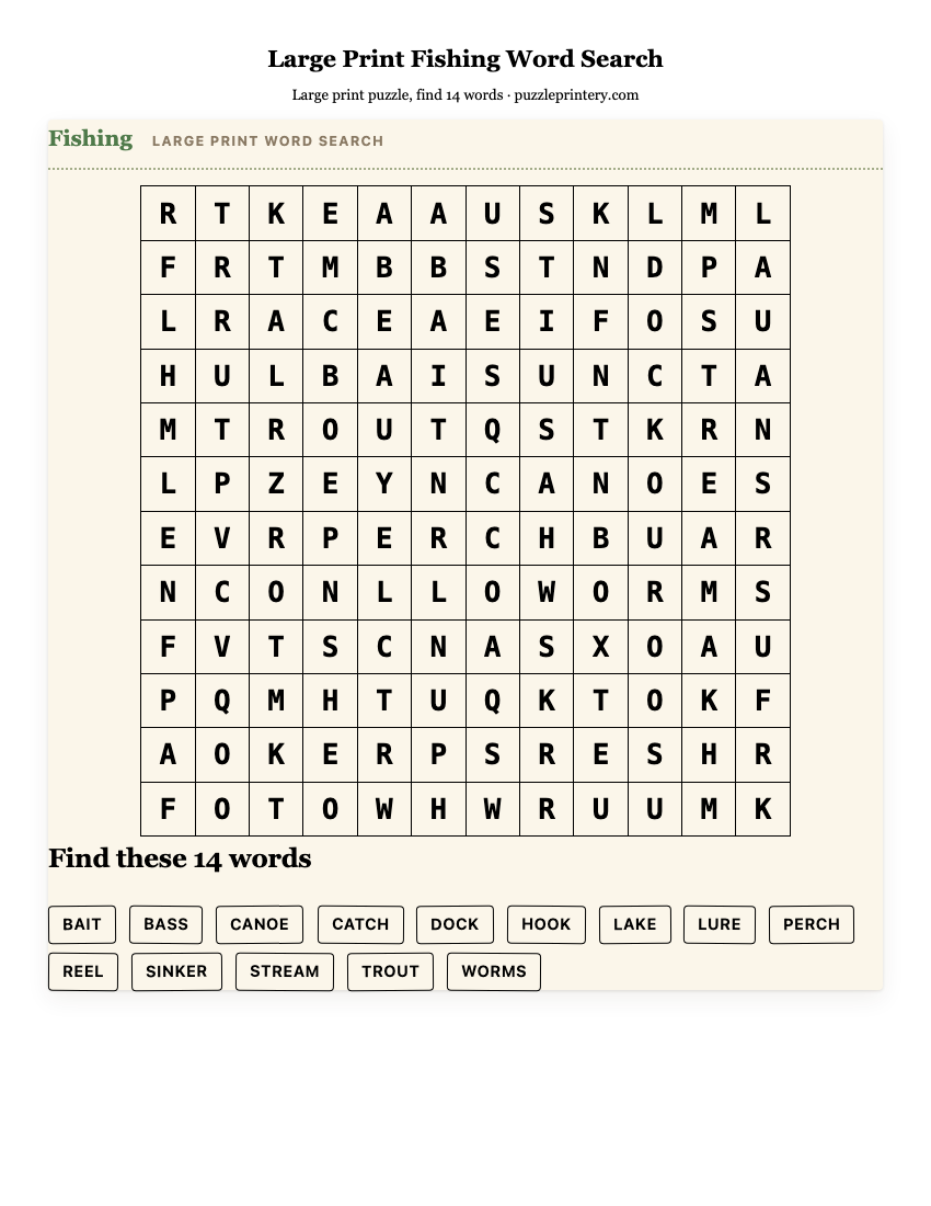 Large Print Fishing Word Search printable preview