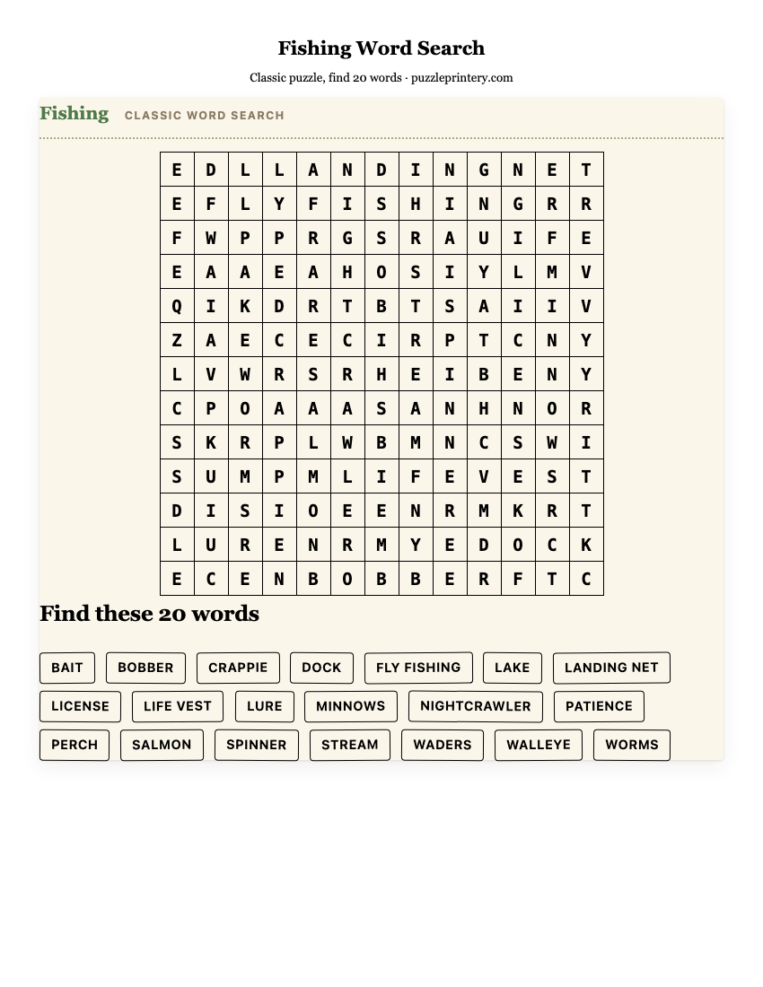 Fishing Word Search printable preview