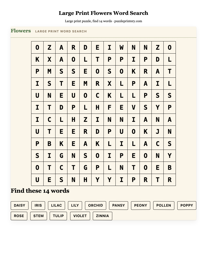 Large Print Flowers Word Search printable preview