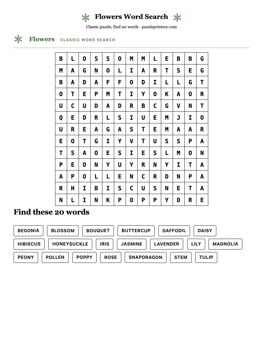 Flowers Word Search printable preview