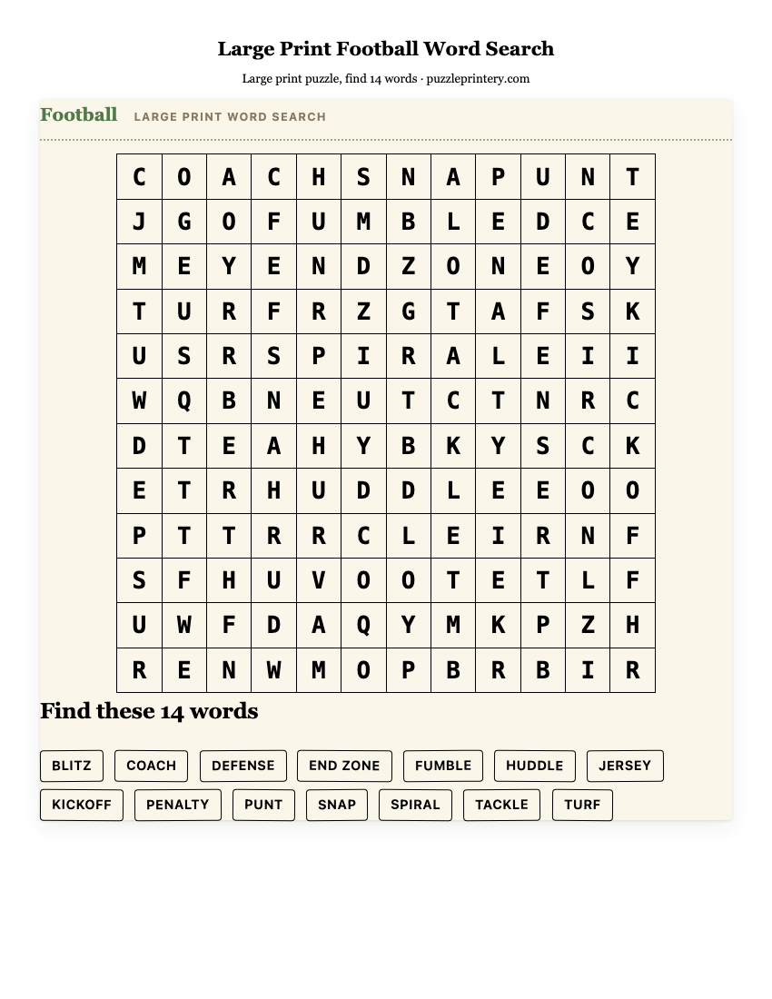 Large Print Football Word Search printable preview