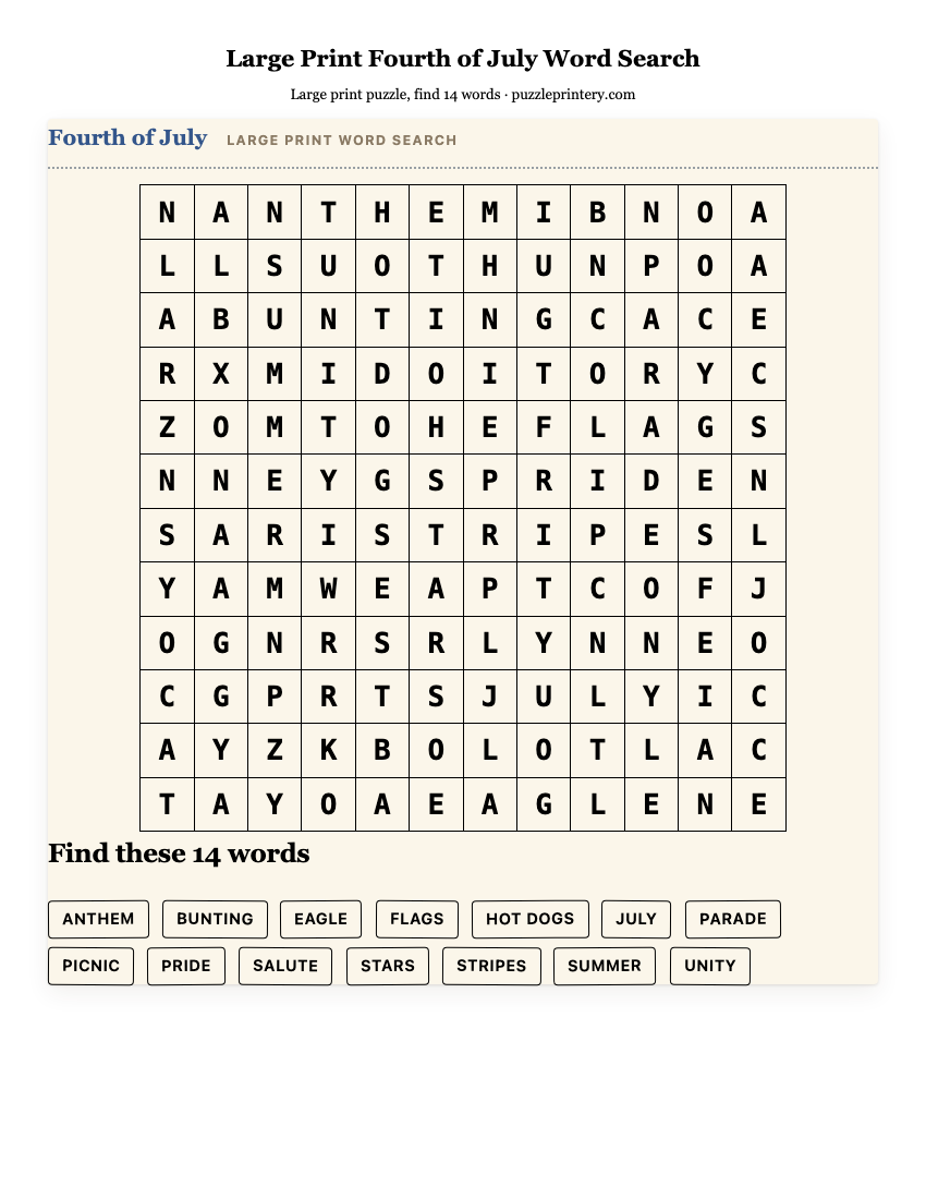 Large Print Fourth of July Word Search printable preview