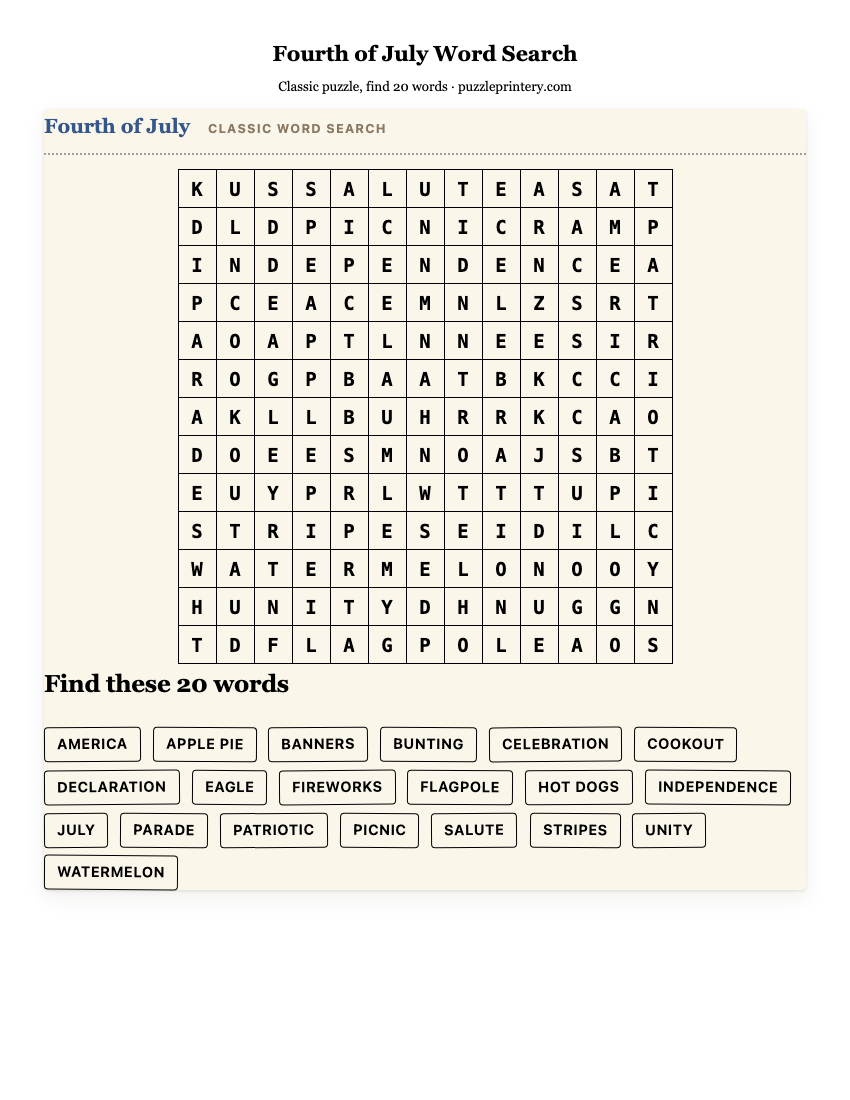 Fourth of July Word Search printable preview