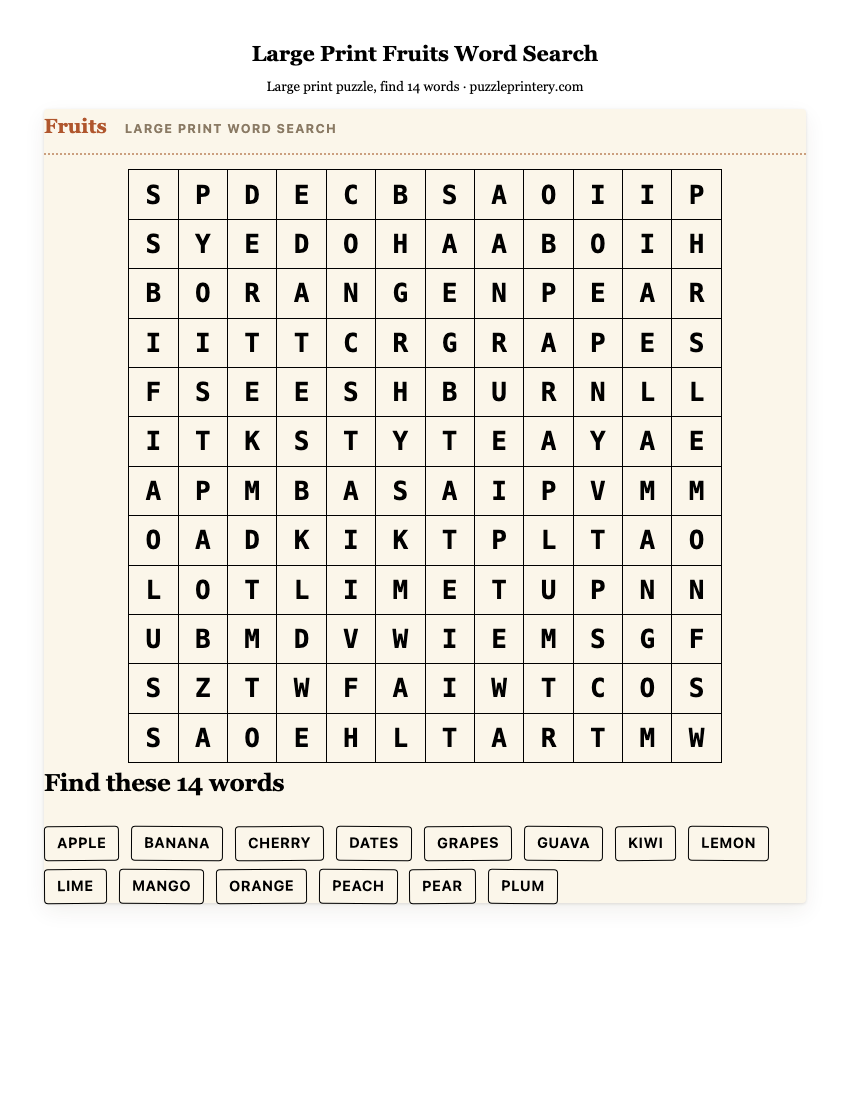 Large Print Fruits Word Search printable preview