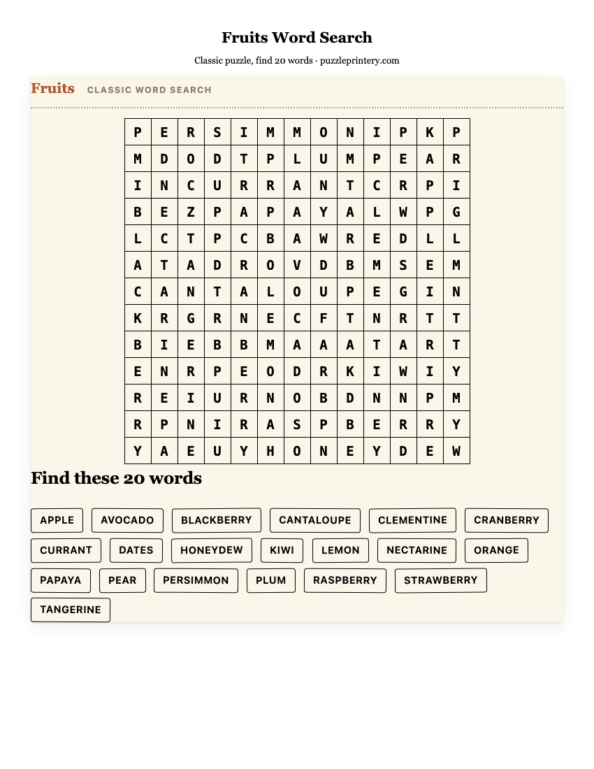 Fruits Word Search printable preview