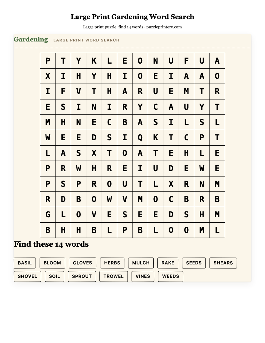 Large Print Gardening Word Search printable preview