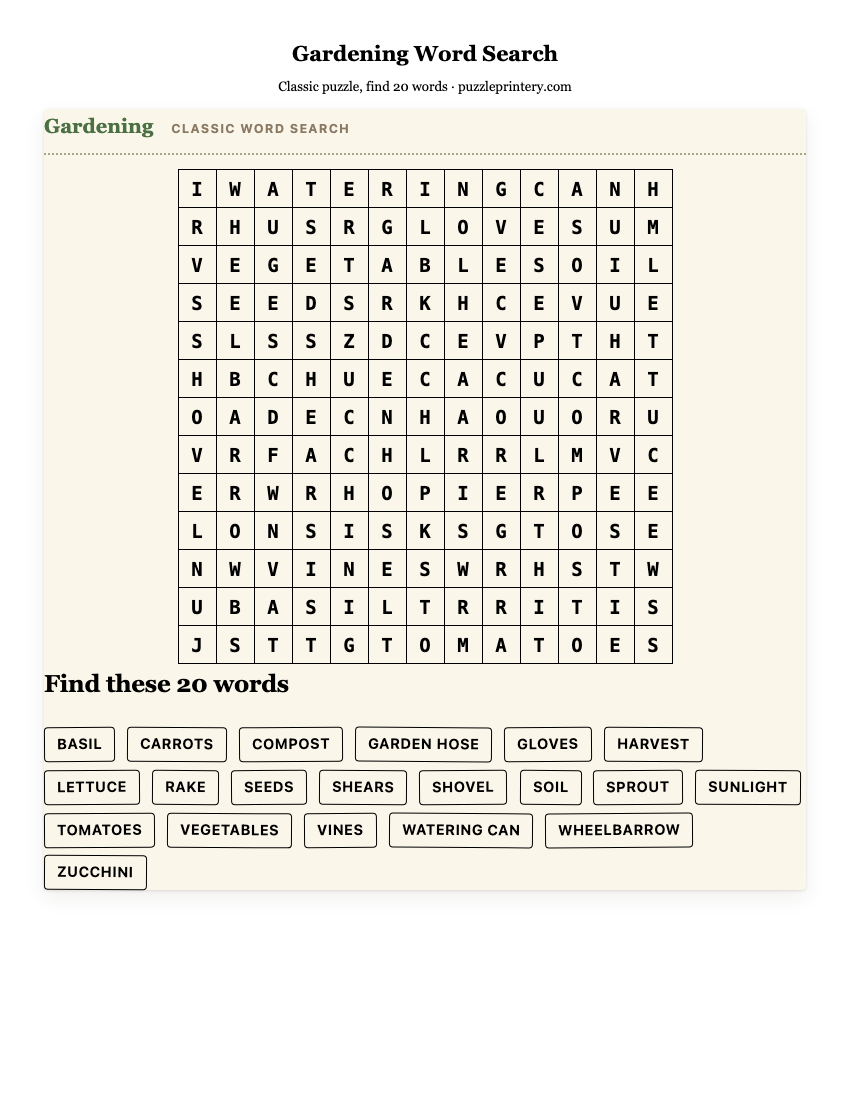 Gardening Word Search printable preview