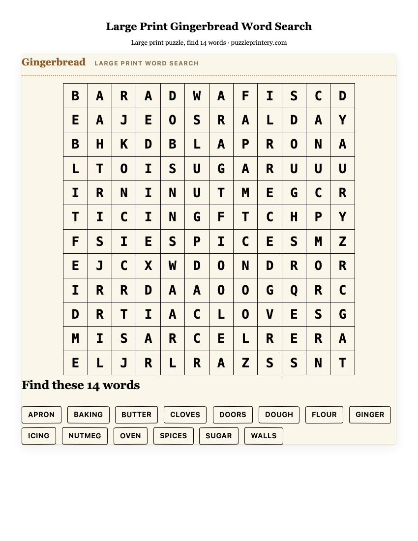 Large Print Gingerbread Word Search printable preview