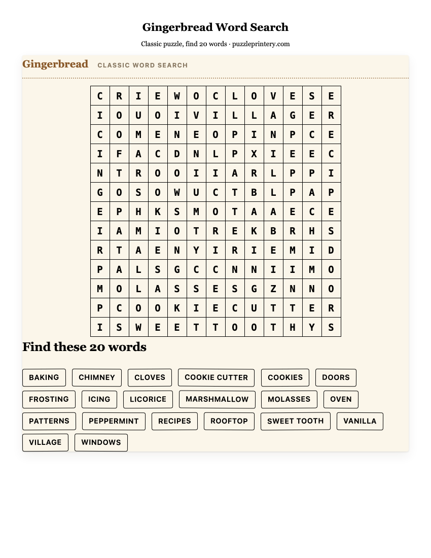 Gingerbread Word Search printable preview