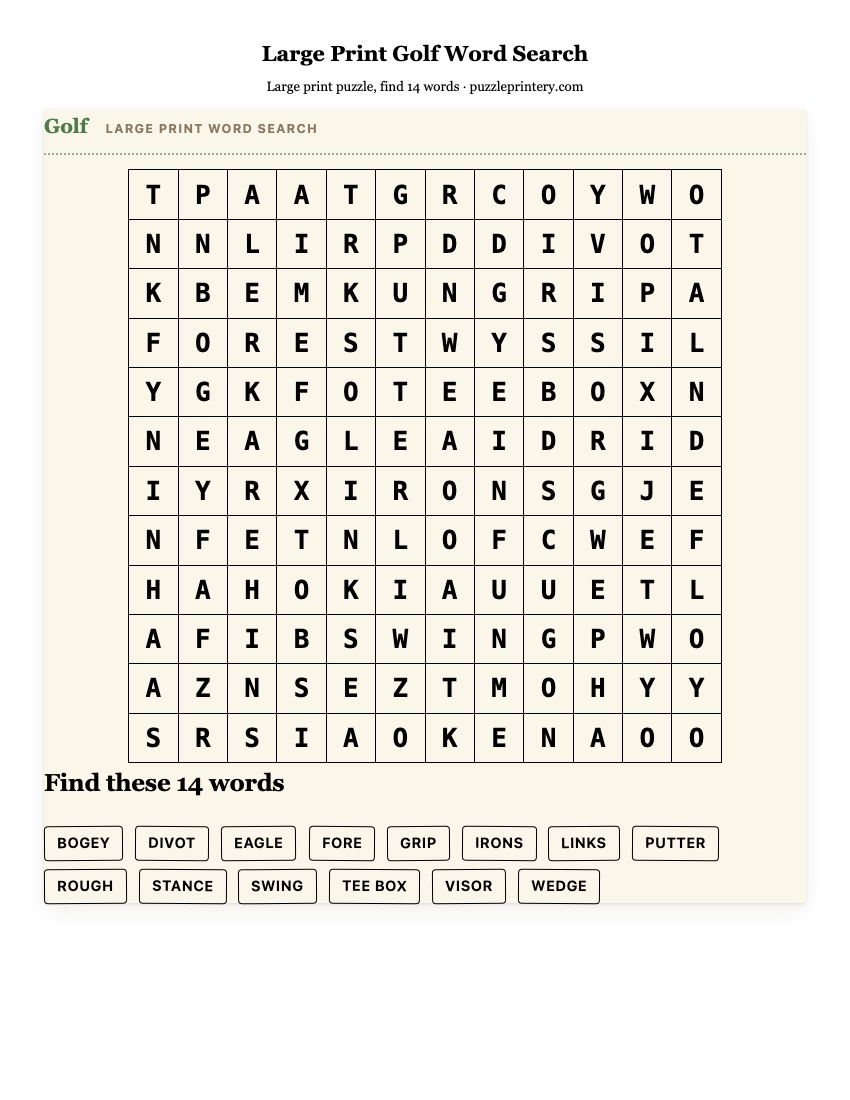 Large Print Golf Word Search printable preview