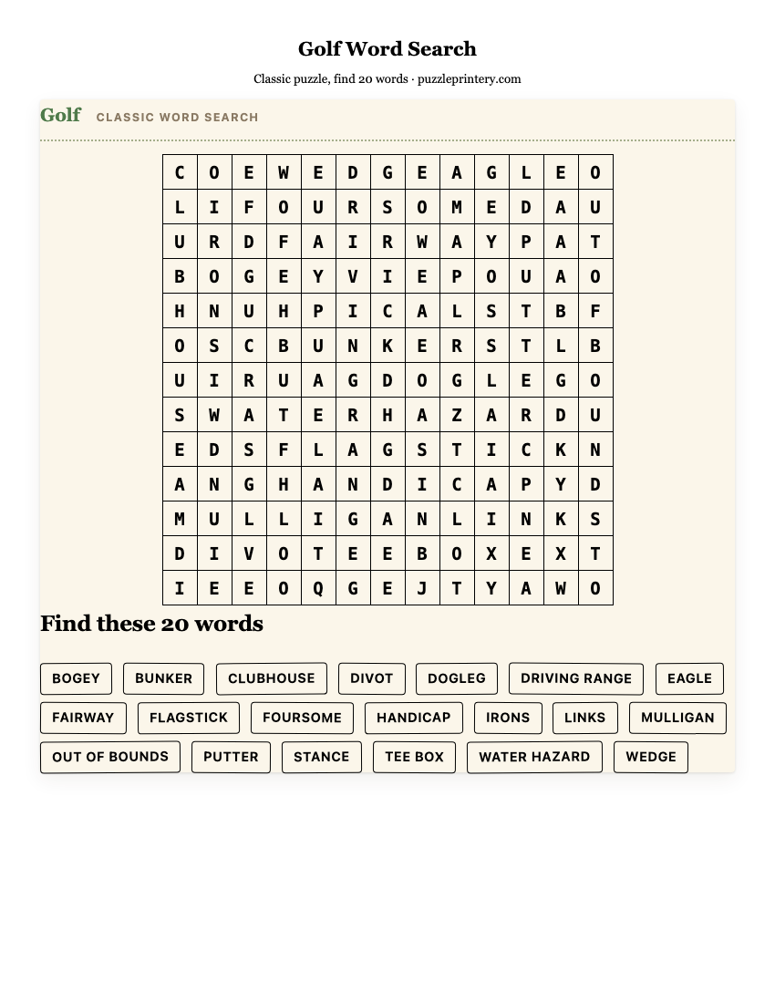 Golf Word Search printable preview