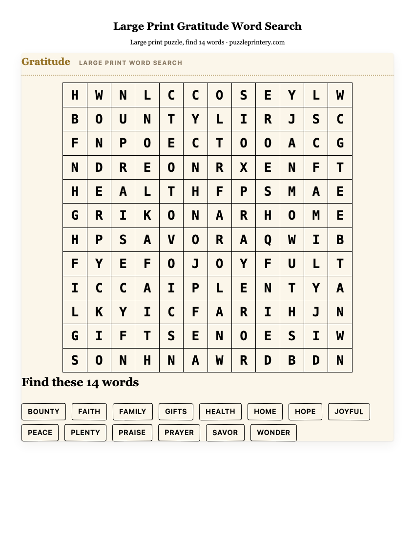 Large Print Gratitude Word Search printable preview