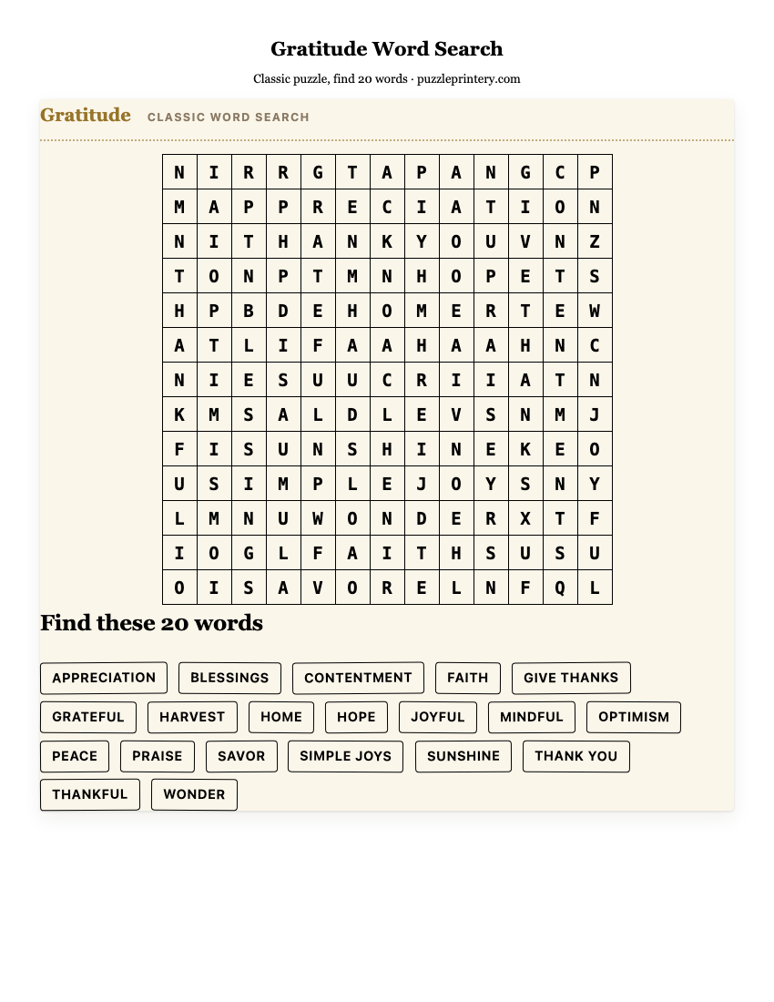 Gratitude Word Search printable preview