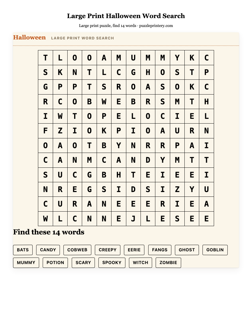 Large Print Halloween Word Search printable preview