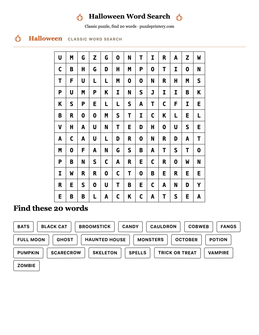 Halloween Word Search printable preview
