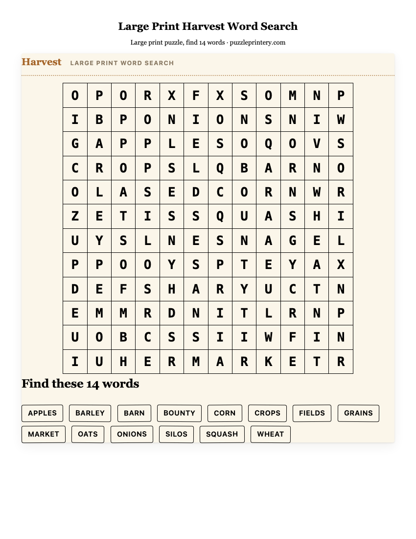 Large Print Harvest Word Search printable preview