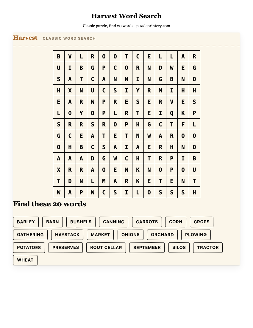 Harvest Word Search printable preview