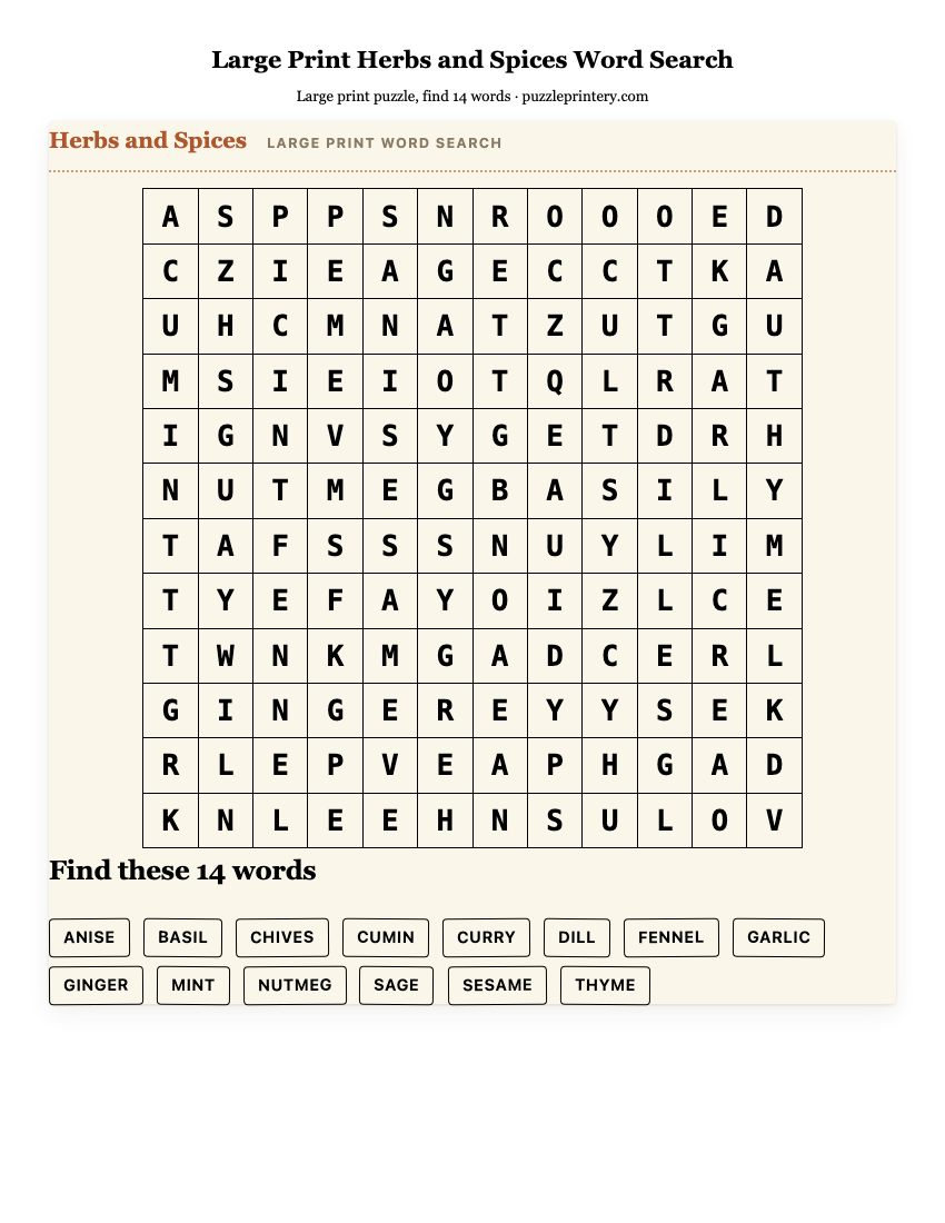 Large Print Herbs and Spices Word Search printable preview