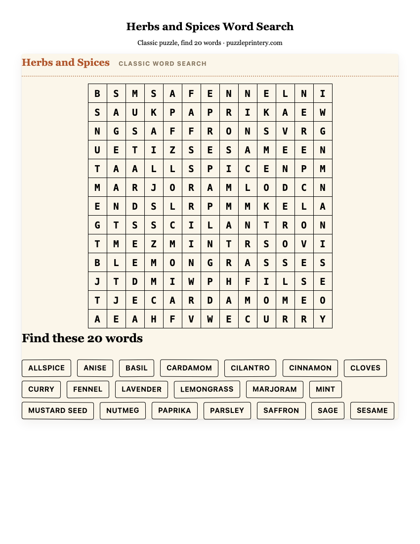 Herbs and Spices Word Search printable preview