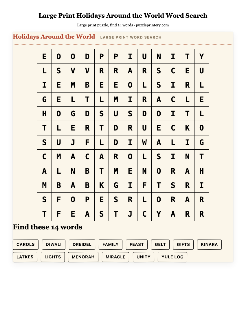 Large Print Holidays Around the World Word Search printable preview
