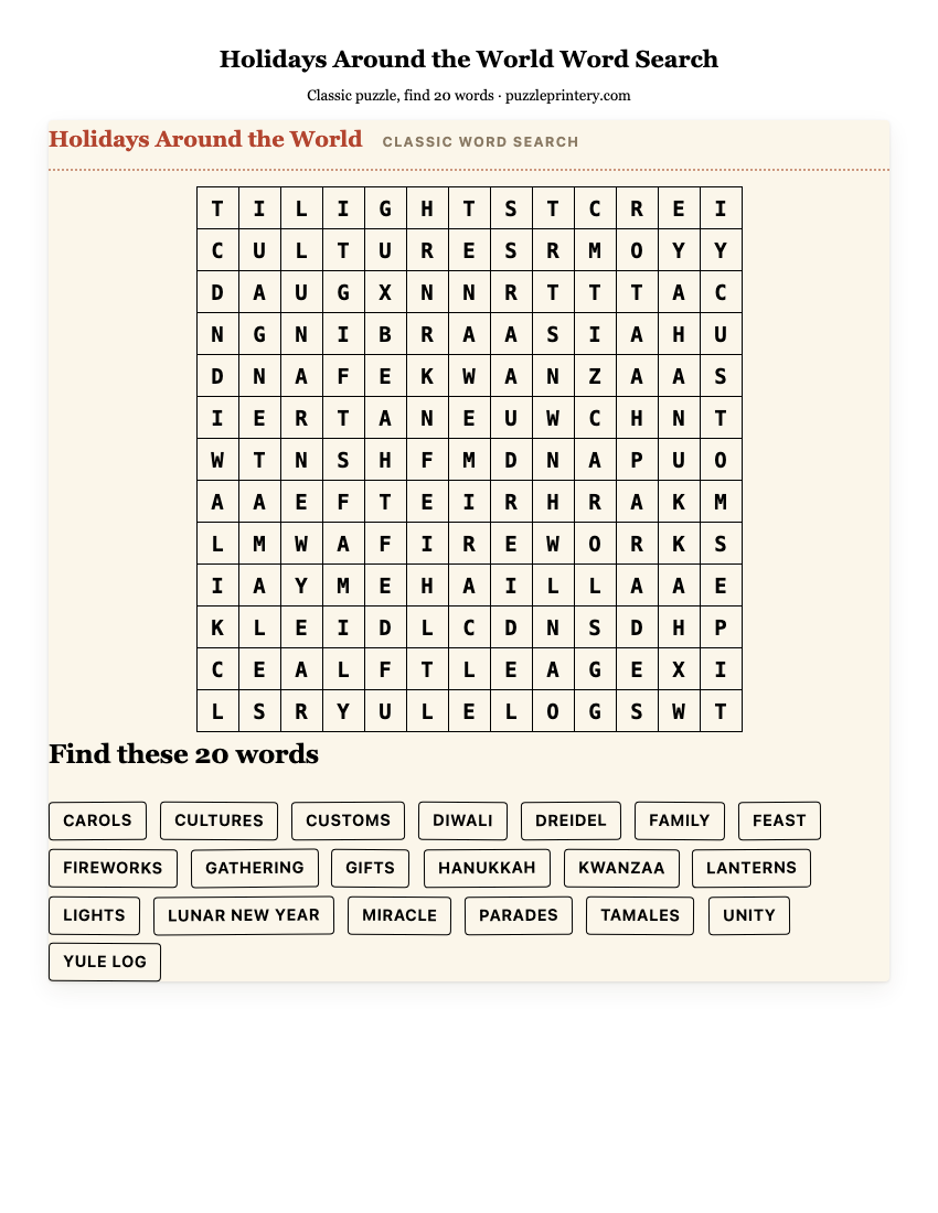 Holidays Around the World Word Search printable preview