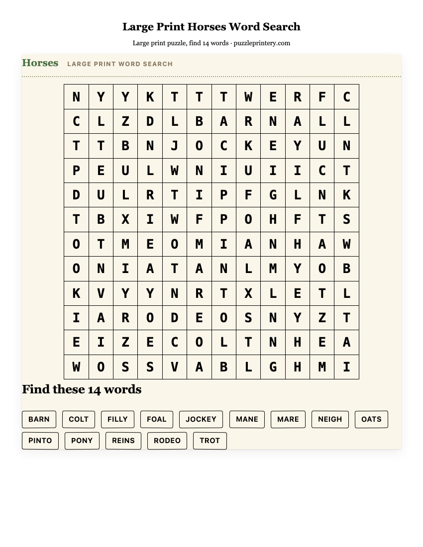 Large Print Horses Word Search printable preview