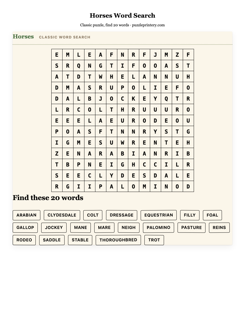 Horses Word Search printable preview