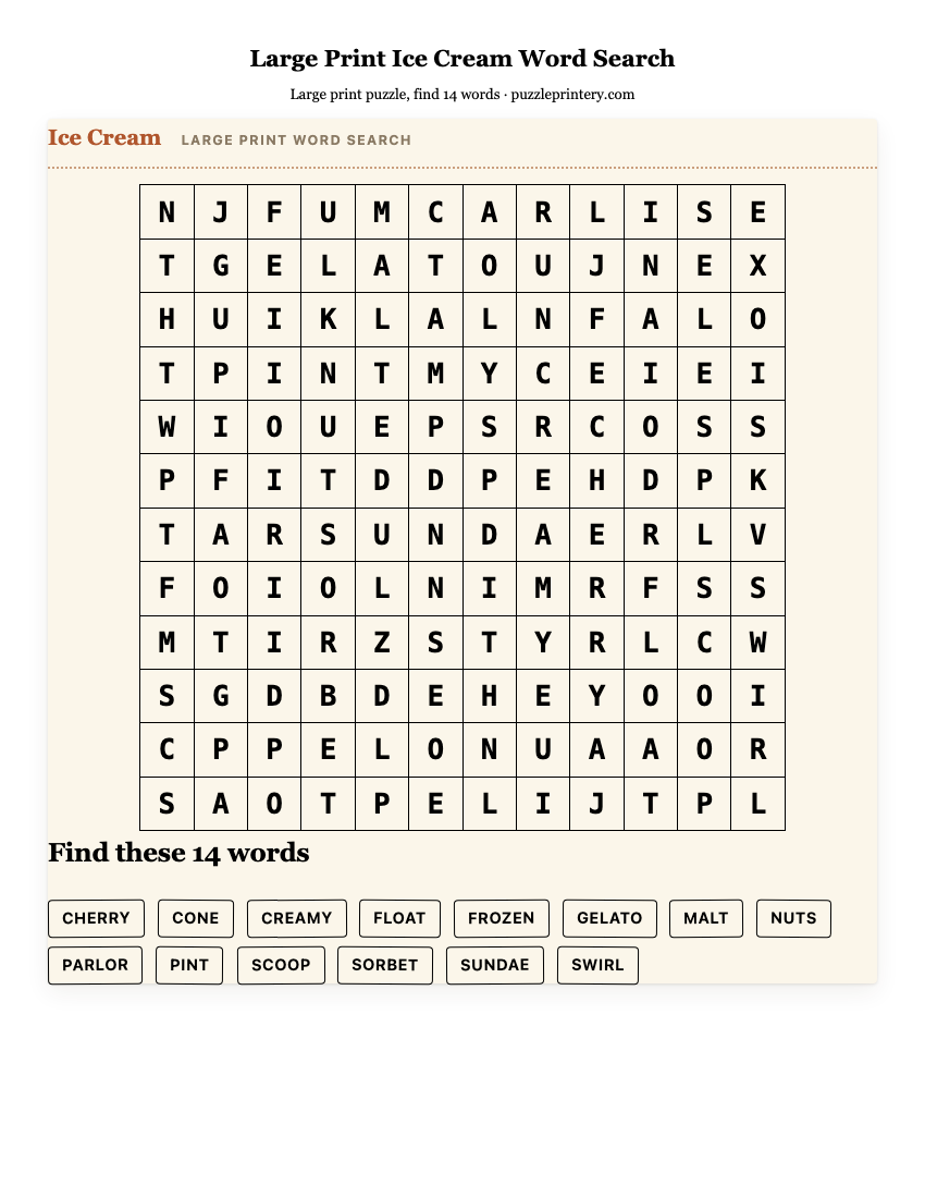 Large Print Ice Cream Word Search printable preview