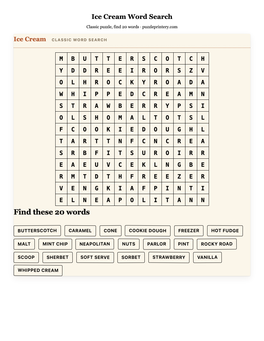 Ice Cream Word Search printable preview