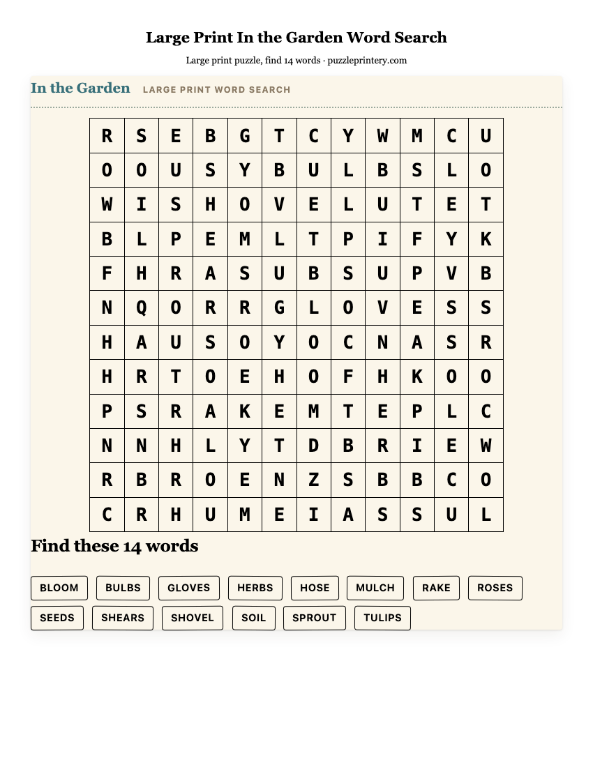 Large Print In the Garden Word Search printable preview