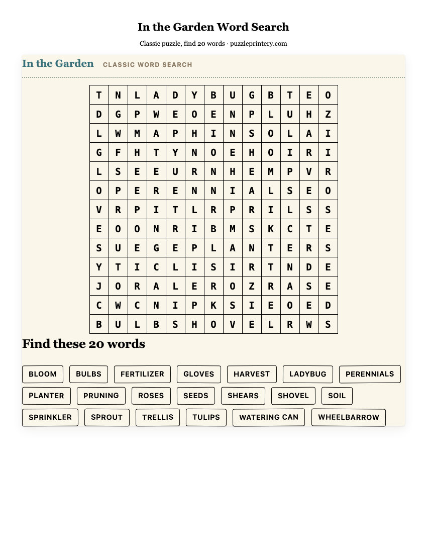 In the Garden Word Search printable preview