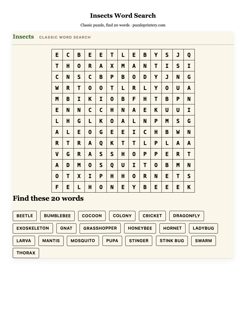 Insects Word Search printable preview