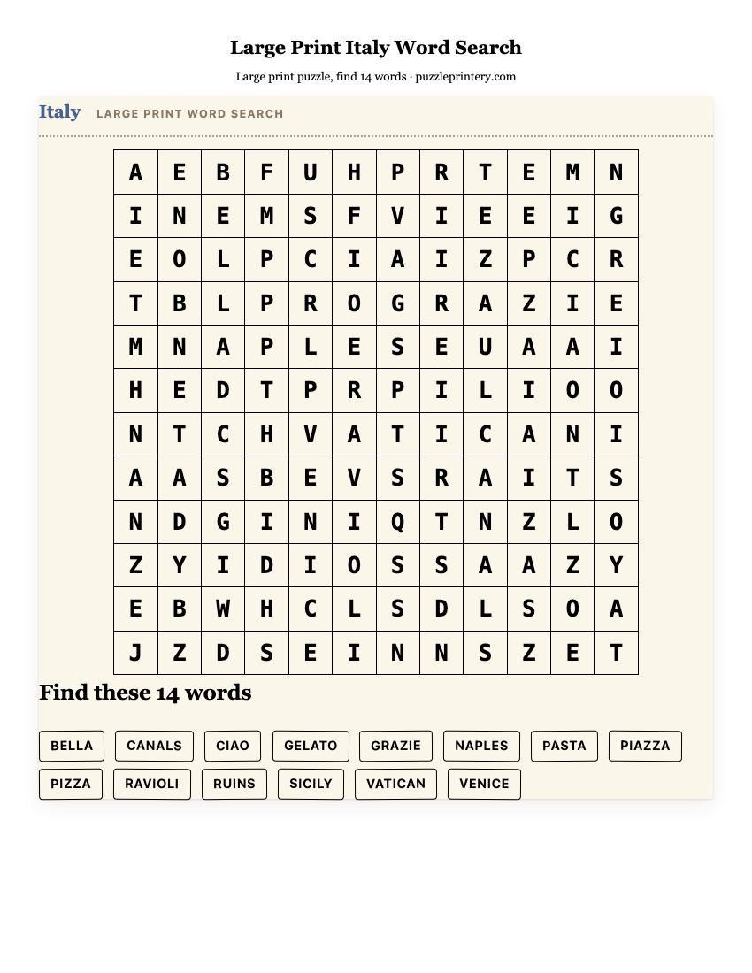Large Print Italy Word Search printable preview