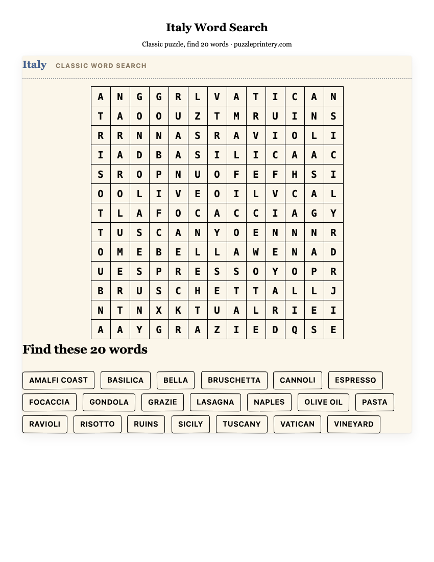 Italy Word Search printable preview