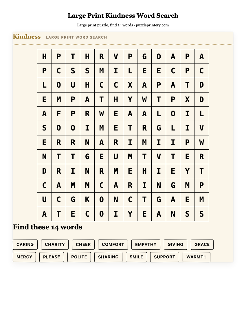 Large Print Kindness Word Search printable preview