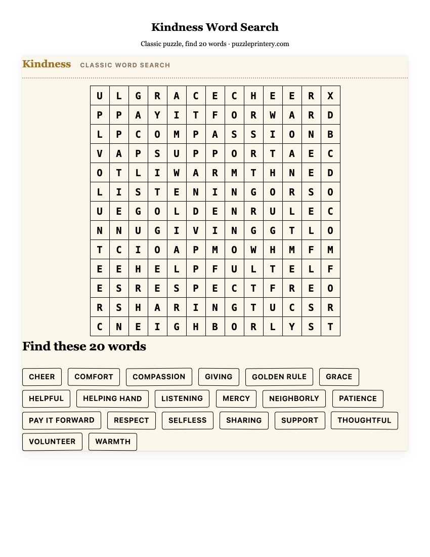 Kindness Word Search printable preview