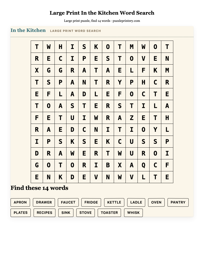 Large Print In the Kitchen Word Search printable preview