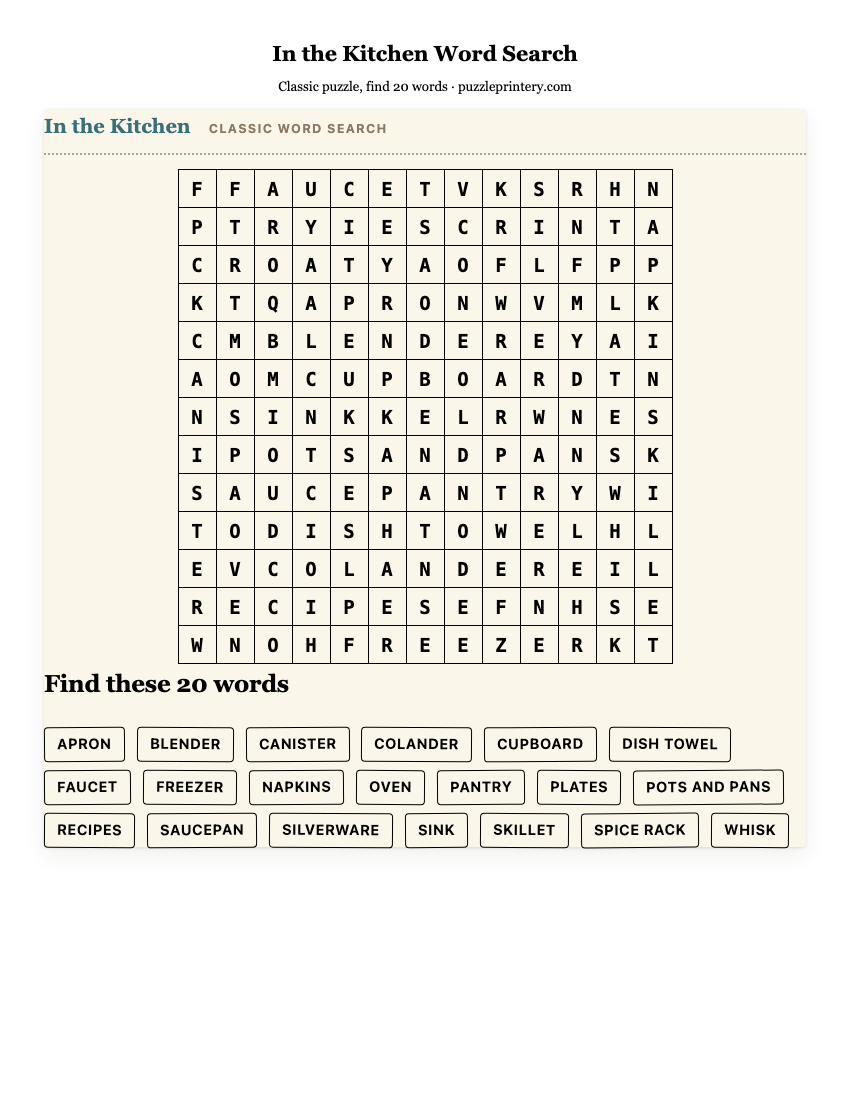 In the Kitchen Word Search printable preview