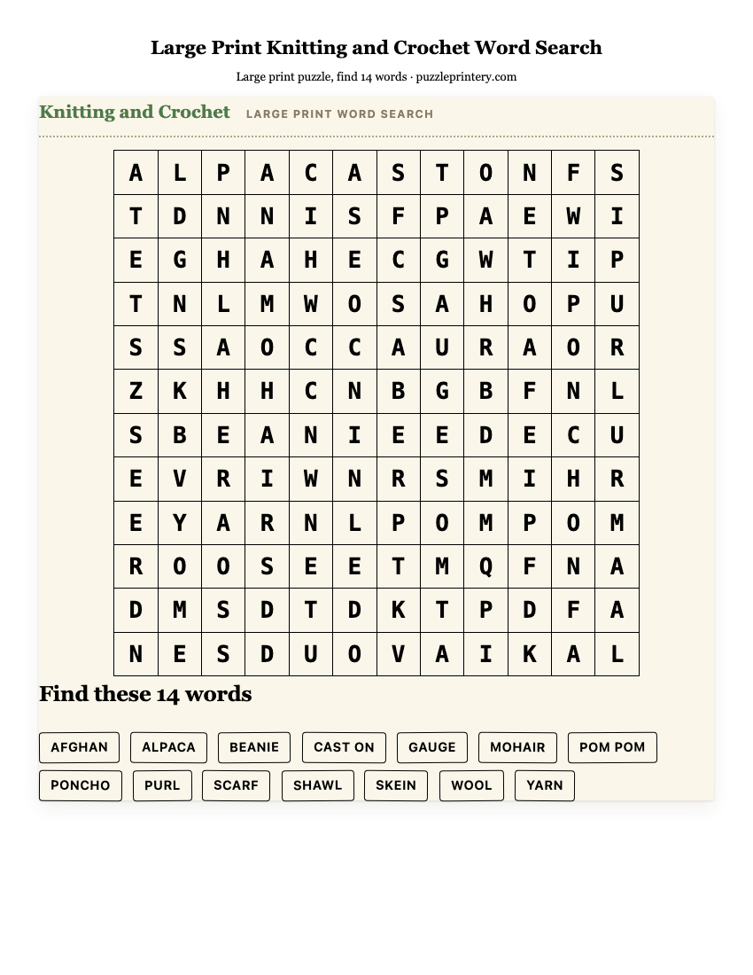 Large Print Knitting and Crochet Word Search printable preview