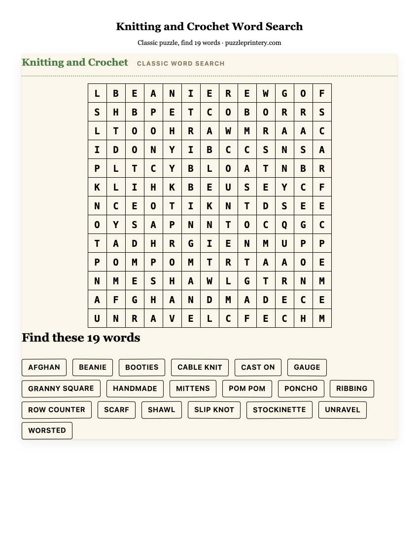 Knitting and Crochet Word Search printable preview