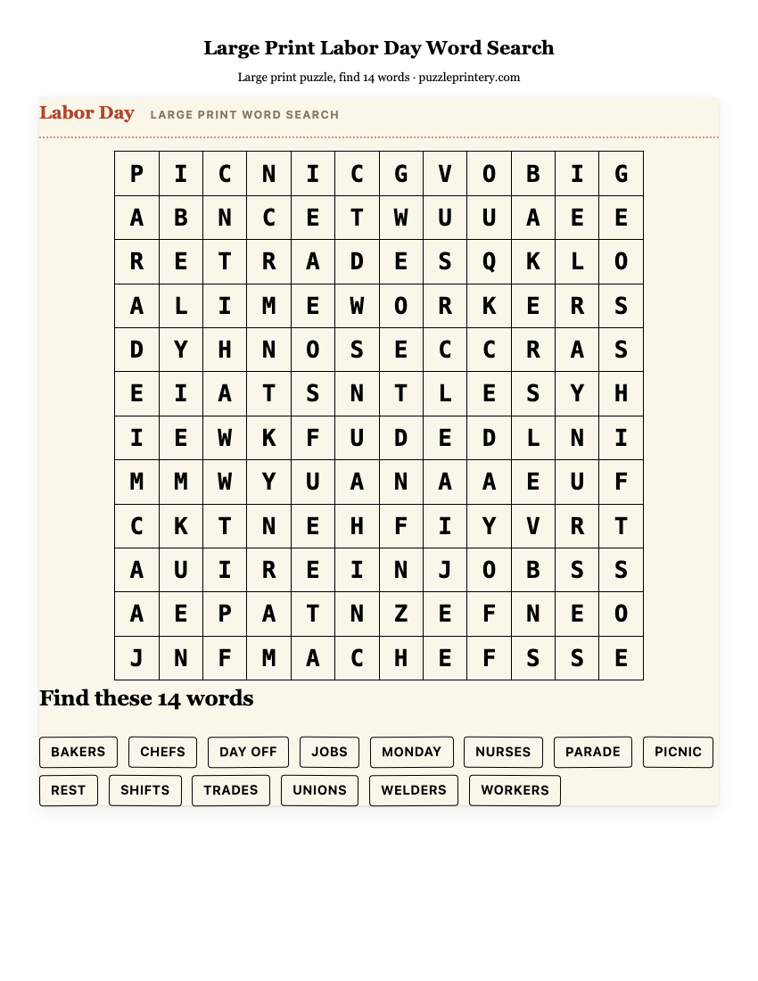 Large Print Labor Day Word Search printable preview