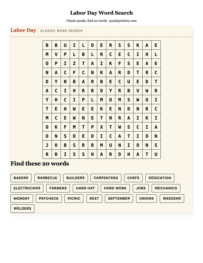 Labor Day Word Search printable preview